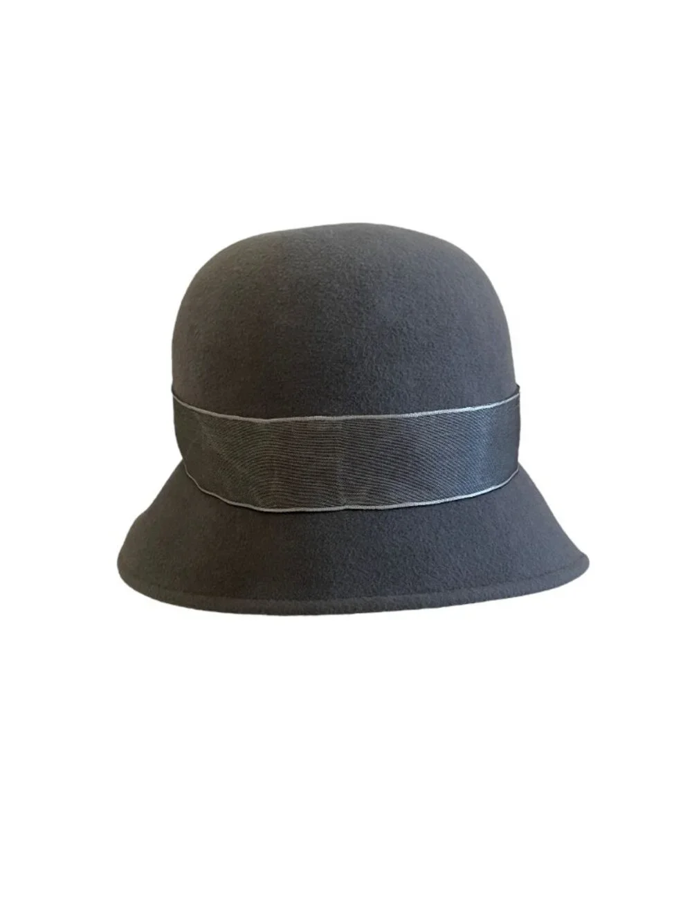 Louise Green Beaded Gray Felt Cloche Hat With Satin Band & Embellished Detailing